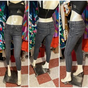 ZARA Silver Piping Raw Hem Black Washed Skinny Jeans Size 6